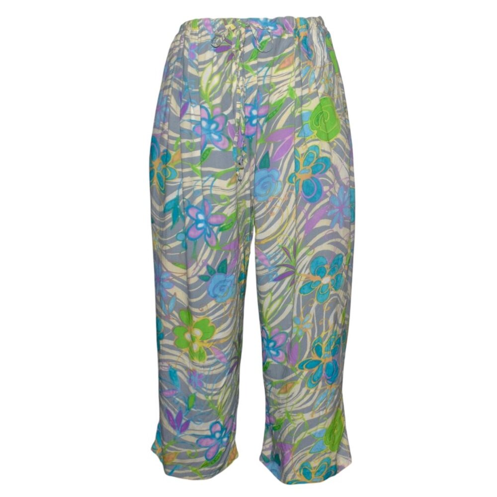 Vintage Jams World Rayon Cropped Capri Pants Floral Print Peace Flower Gray XL